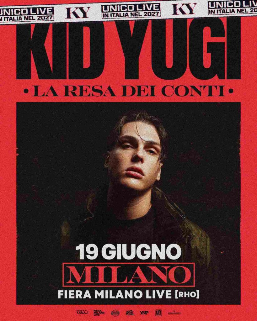 Locandina promozionale del concerto di Kid Yugi "La Resa dei Conti 2027" con data e luogo dell'evento e ritratto dell'artista.