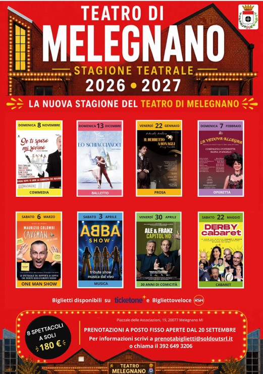 Invito allegato al comunicato per la presentazione della stagione teatrale al Teatro di Melegnano, con dettagli quali data, ora e luogo dell'evento.